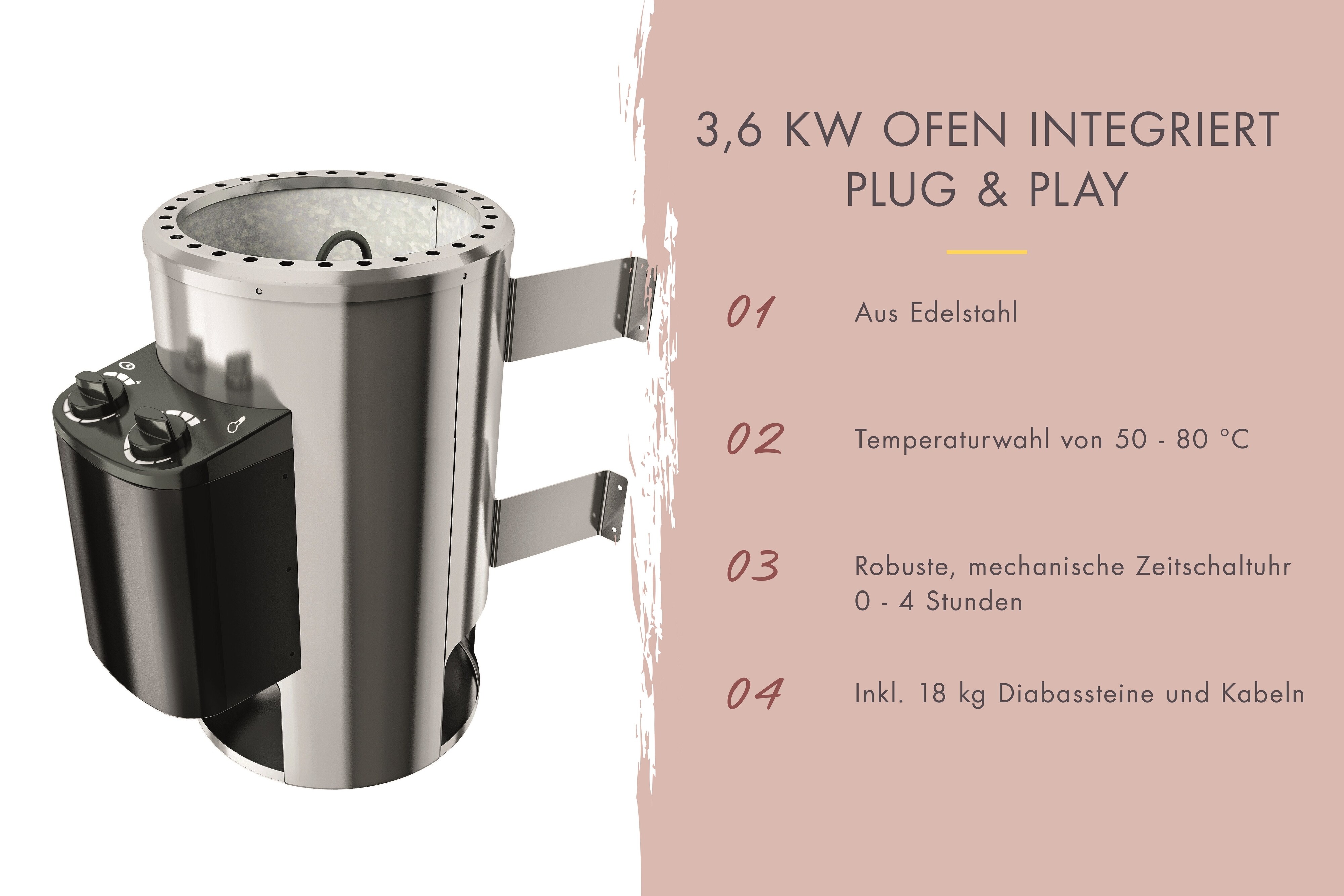 Karibu 68 mm Sauna Ida 1-3 inkl. Ofen 3,6 kW integrierte Steuerung in versch. Größen