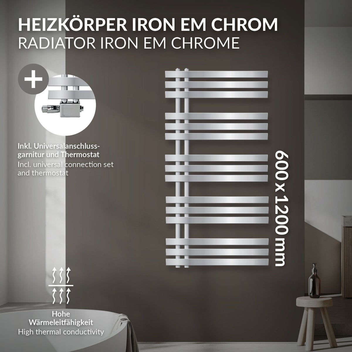 LuxeBath badkamerradiator Iron EM 600x1200 mm chroom middenaansluiting aansluitset thermostaat universele hoek- en doorloopdesignradiator handdoekwarmer handdoekdroger handdoekradiator