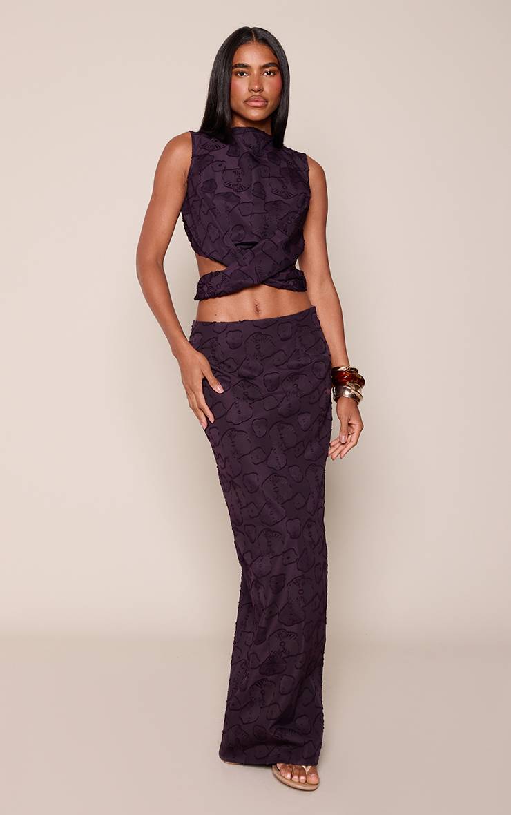 Violet Ensemble Coordonné Jupe Maxi Texturée À Fleurs Profondes