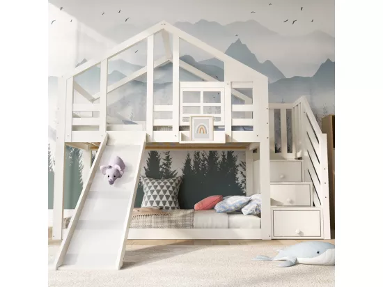 Lit superposé pour enfant - avec escalier de rangement et toboggan - lit cabane 2 x 90 x 200 cm - Pin + MDF - Blanc