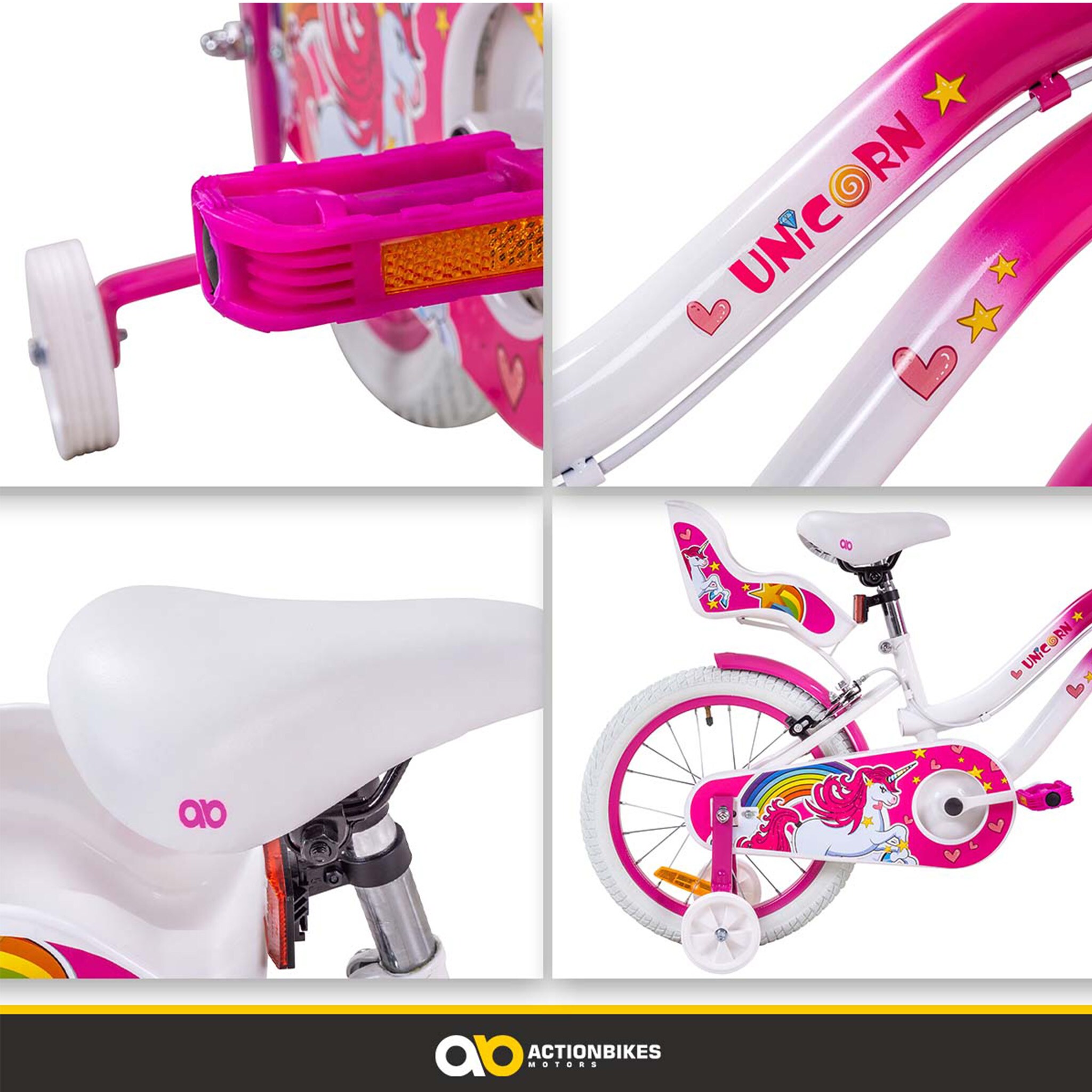 Actionbikes Kinderfahrrad Unicorn 16 Zoll, Pink, Einhorn-Design, Puppensitz, Stützräder, Fahrradkorb