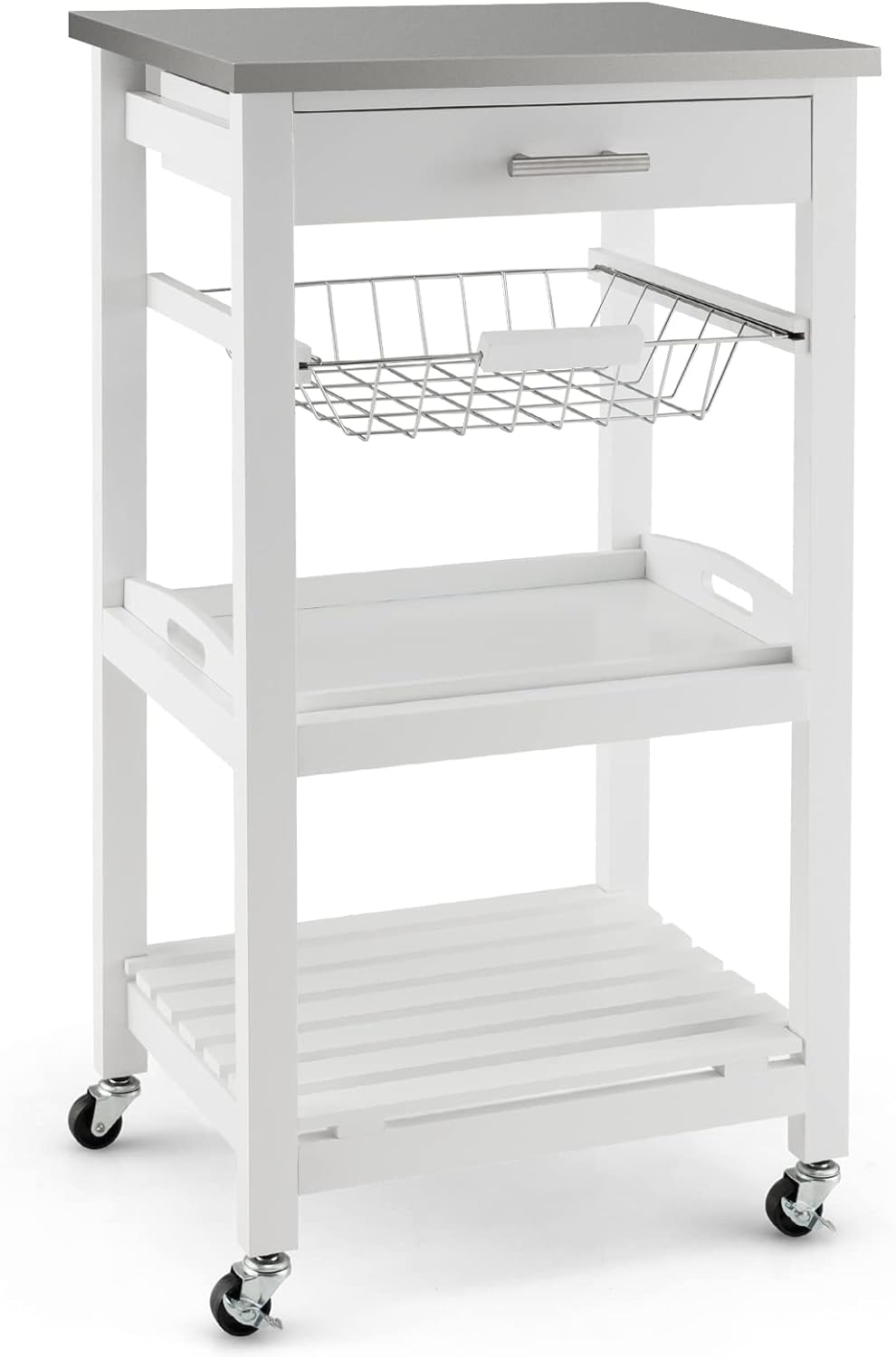GIANTEX Küchenwagen mit Rollen, Küchenregal mit Arbeitsplatte, Servierwagen mit Schublade & Korb & Tablett, Rollwagen aus Edelstahl & Holz, Kücheninsel Küchentrolley modern, 47x39x85 cm (Weiß)