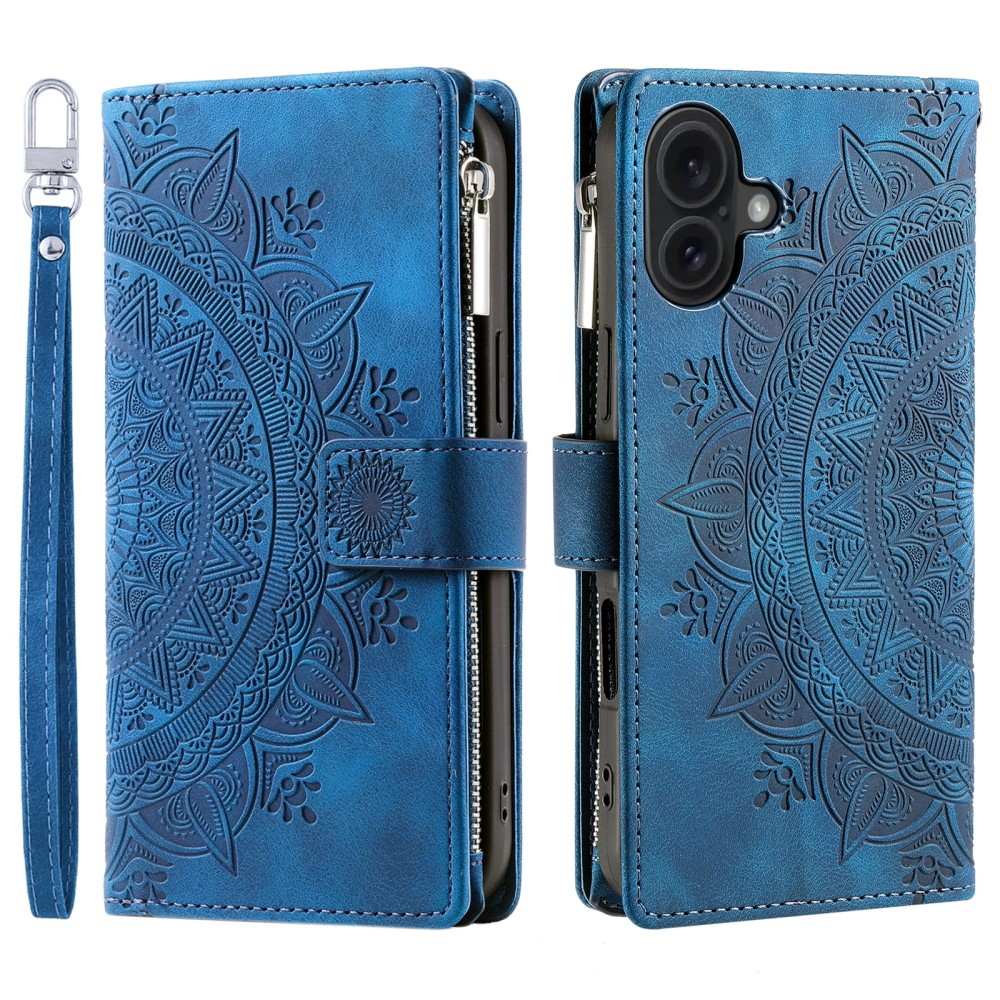 iPhone 16 Leder Tasche Flip Cover mit Reissverschluss - Mandala Flowers Imprint - Blau