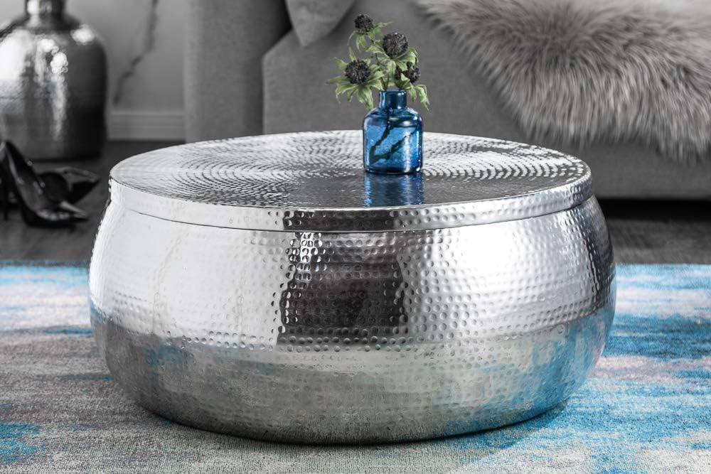 invicta INTERIOR Handgefertigter Couchtisch Orient Storage 70cm Silber Hammerschlag Design mit Stauraum Tisch Wohnzimmertisch