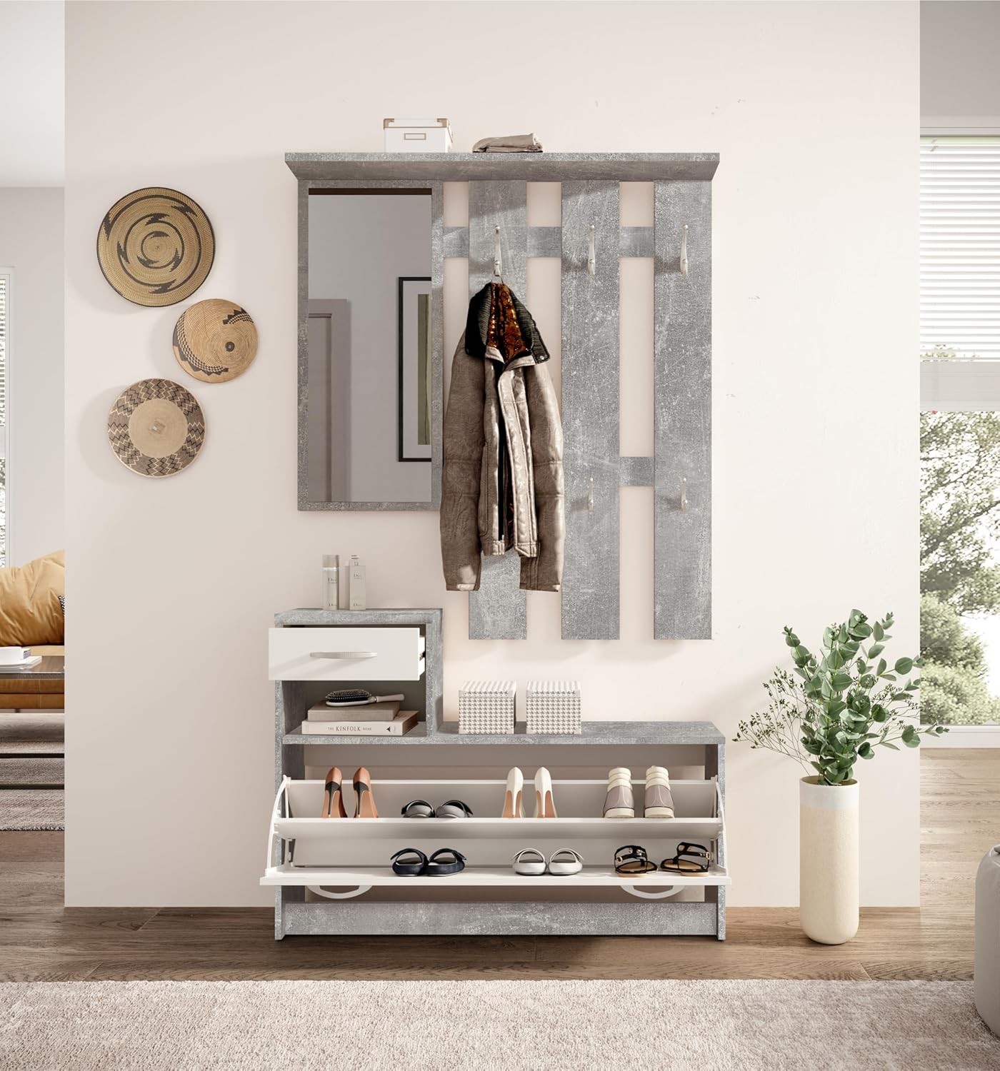 Vera Garderobe mit Spiegel weiß matt - Kompaktgarderobe Korpus Beton Optik - 100 x 190 x 26 cm (B/H/T)