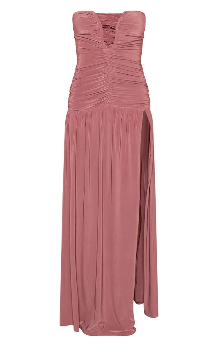 Mauve Robe Maxi Bandeau Plongeant Froncée En Jersey Slinky Double Épaisseur