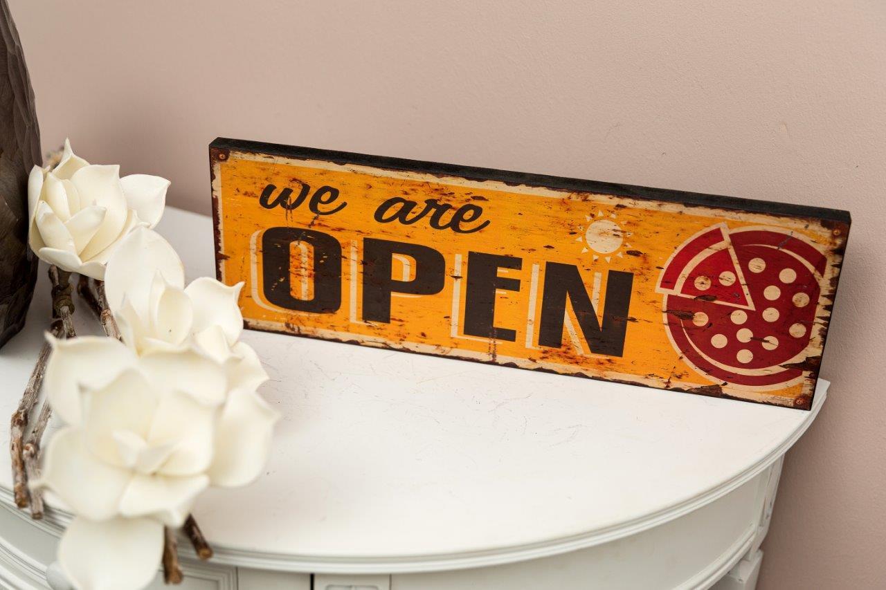 Holzschild WE ARE OPEN III - bunt - 40x15 cm