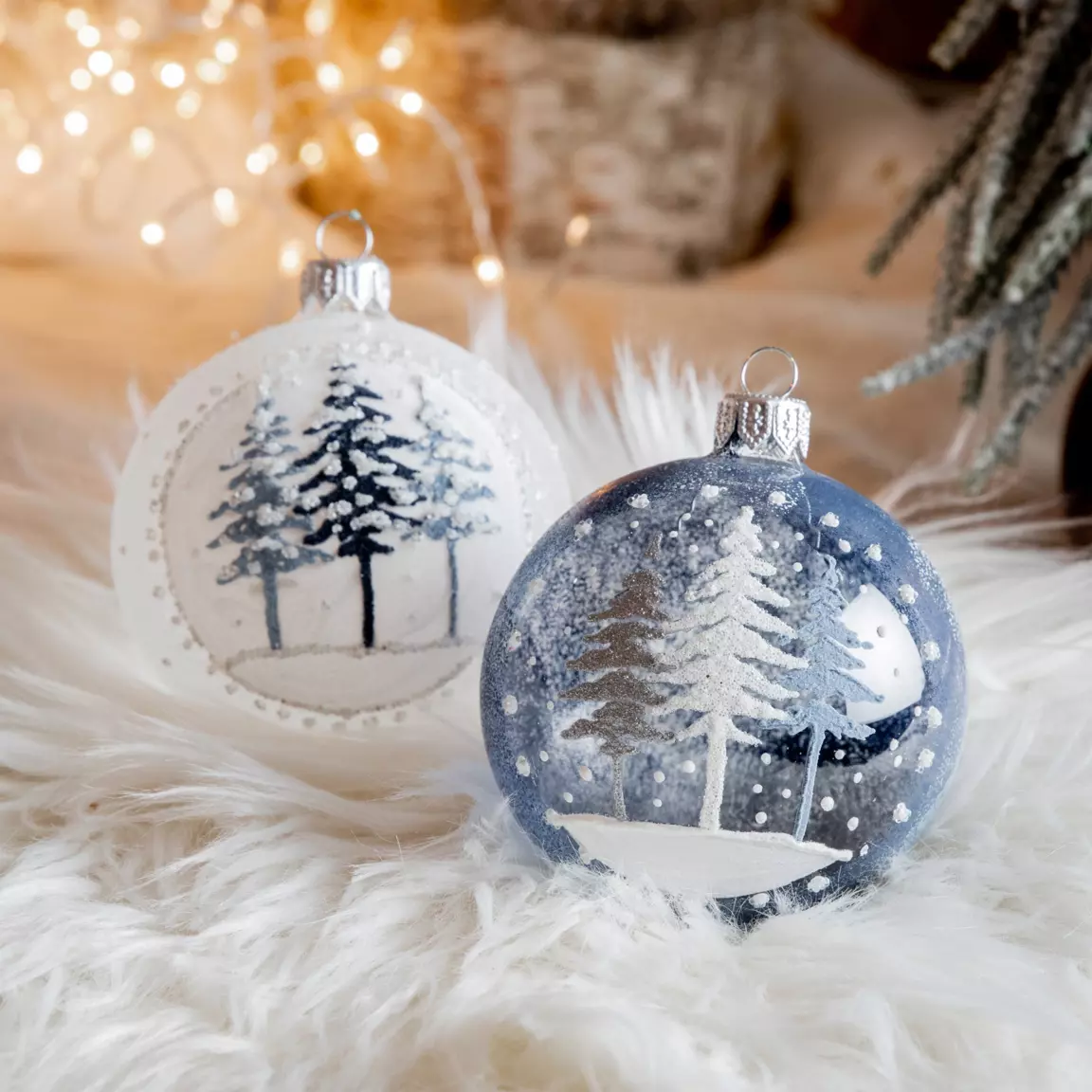Lot de 6 boules de Noël (D80 mm) en verre Forêt de sapins Bleu