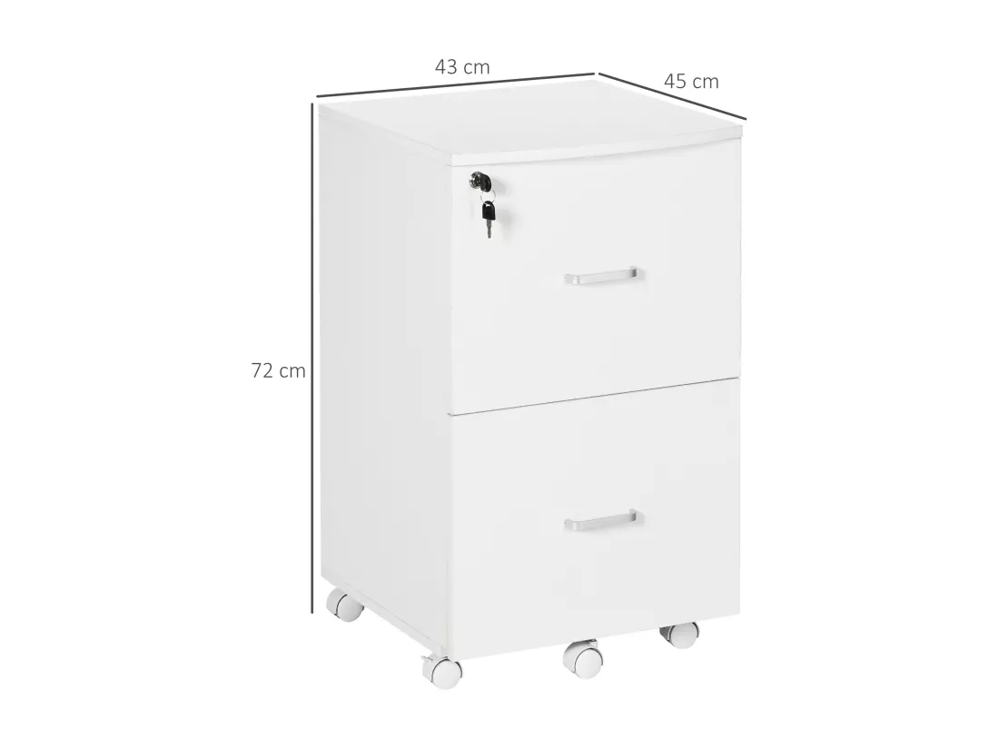 Vinsetto Caisson de bureau rangement bureau sur roulettes 2 tiroirs verrouillables 2 clés fournies MDF panneaux particules blanc
