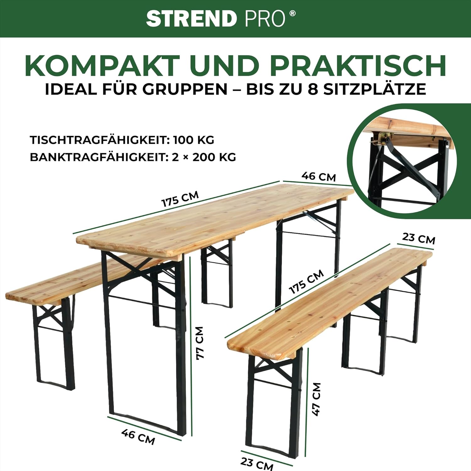 STREND PRO Bierzeltgarnitur 3-teilig | KLAPPBARE Gartenmöbel Set - Holz und Metall - Biertischgarnitur für 6-8 Personen | Biertisch + 2 Bierbänken | Festzeltgarnitur, Sitzgarnitur, Bierbankgarnitur
