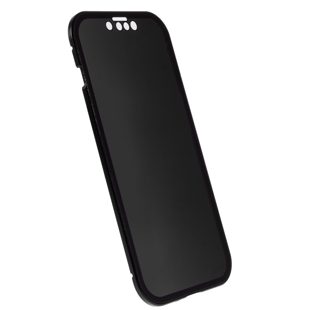 iPhone 14 Magnetische Alu Schutzhülle mit Panzer Glas Backcover   Privacy Glas Displayschutz (Magnet-Technologie) - Schwarz