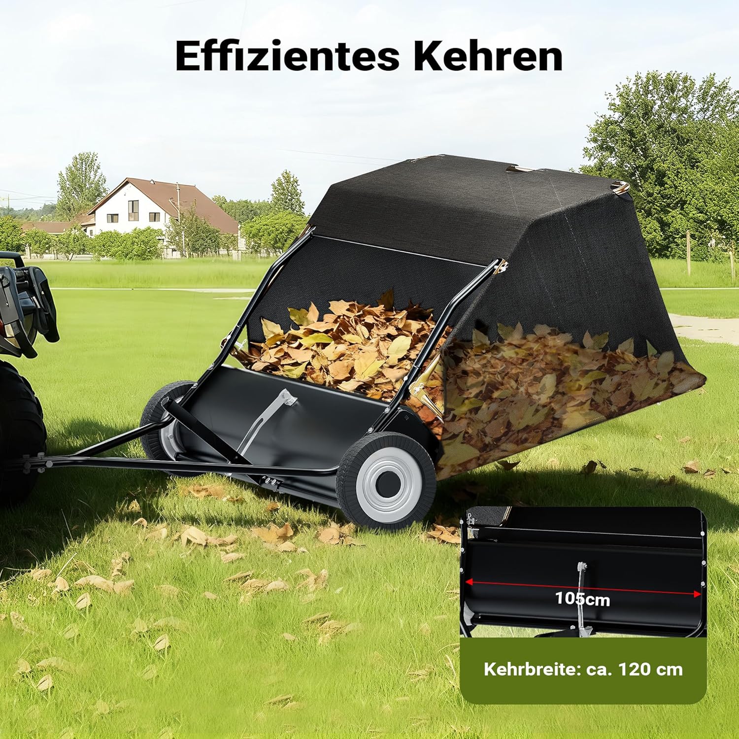 Wiltec Rasenkehrmaschine mit 120 cm Kehrbreite, Rasenkehrer für Aufsitzmäher, Laubsammler mit 415 l Auffangnetz Laubkehrmaschine für Rasentraktor