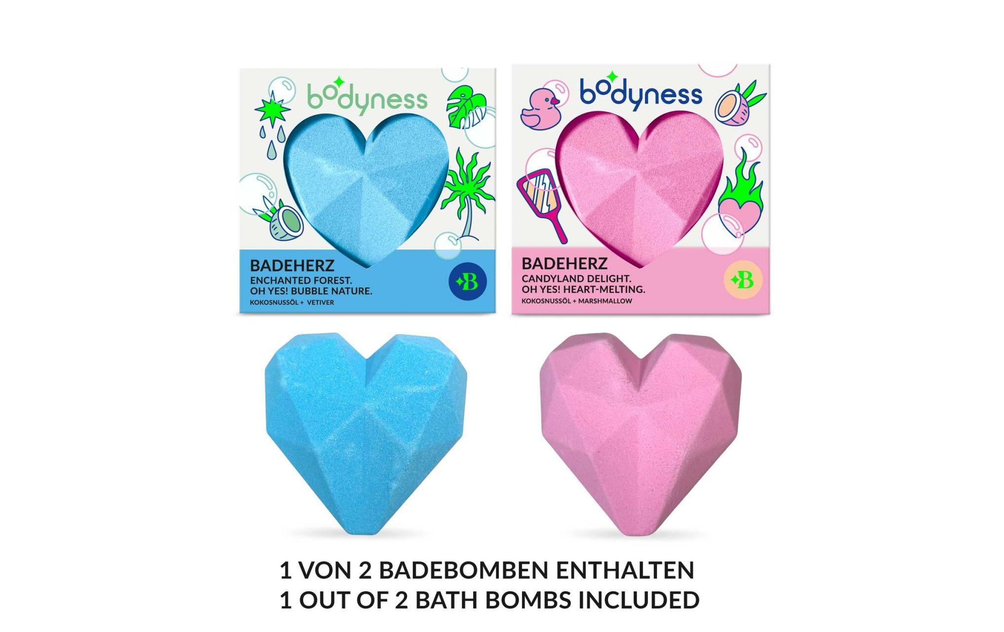 Bodyness Badeherz 1 Stück, assortiertHerzförmige Badebombe mit Marshmallow und Kokosduft