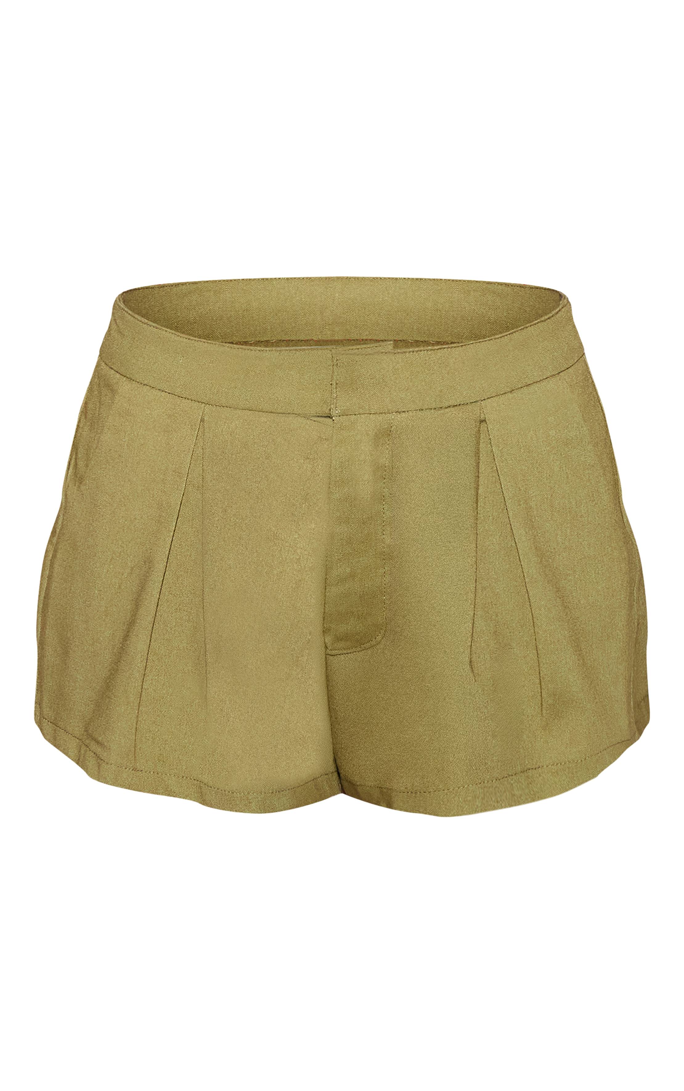 Kaki Short Tailleur Tissé Effet Lin