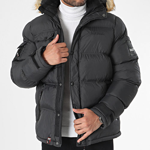Doudoune Capuche Fourrure Gris Anthracite