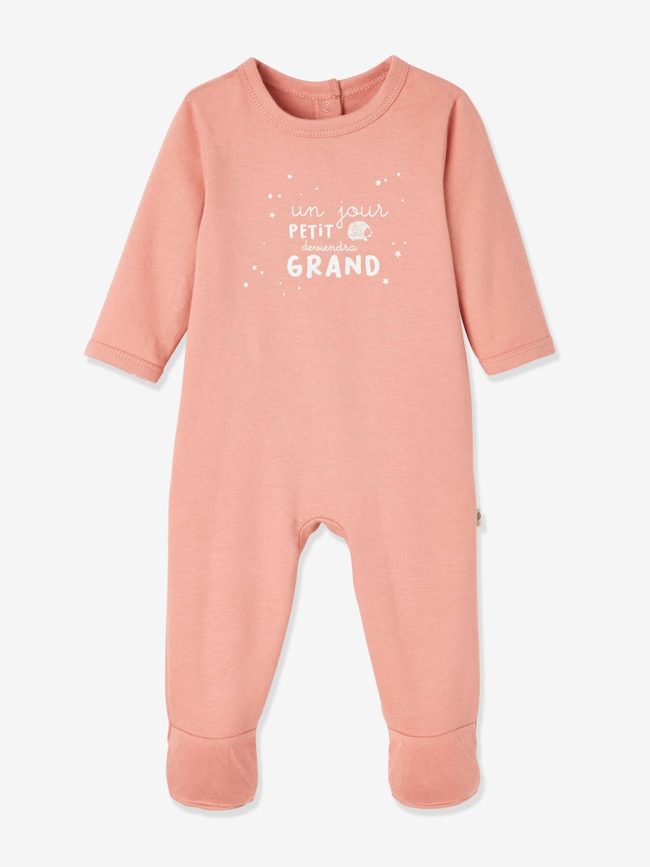 Conjunto de 2 pijamas de algodão orgânico para recém-nascidos, lisos rosa claro com estampas.