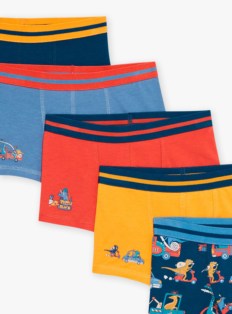 5 boxers bleu, jaune et rouge à imprimé et motif dinoaures