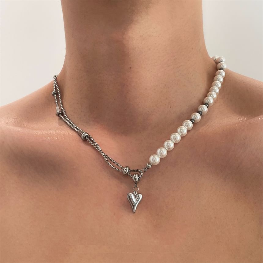 Lilafey - Roestvrijstalen hartvormige hangerketting met imitatieparel