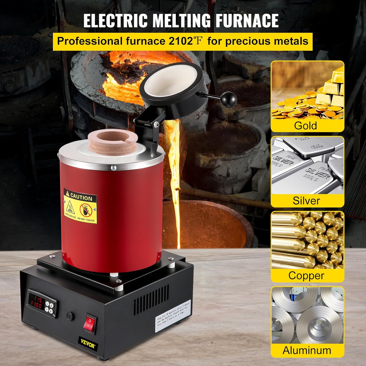 VEVOR Goldschmelzofen 1350 W 1150 ℃ Max. Temperatur, digitaler elektrischer Schmelzofen 3 kg Keramiktiegel mit Barrenmatrize & Handschuhen, zur Verarbeitung von Gold Silber Kupfer Aluminium rot