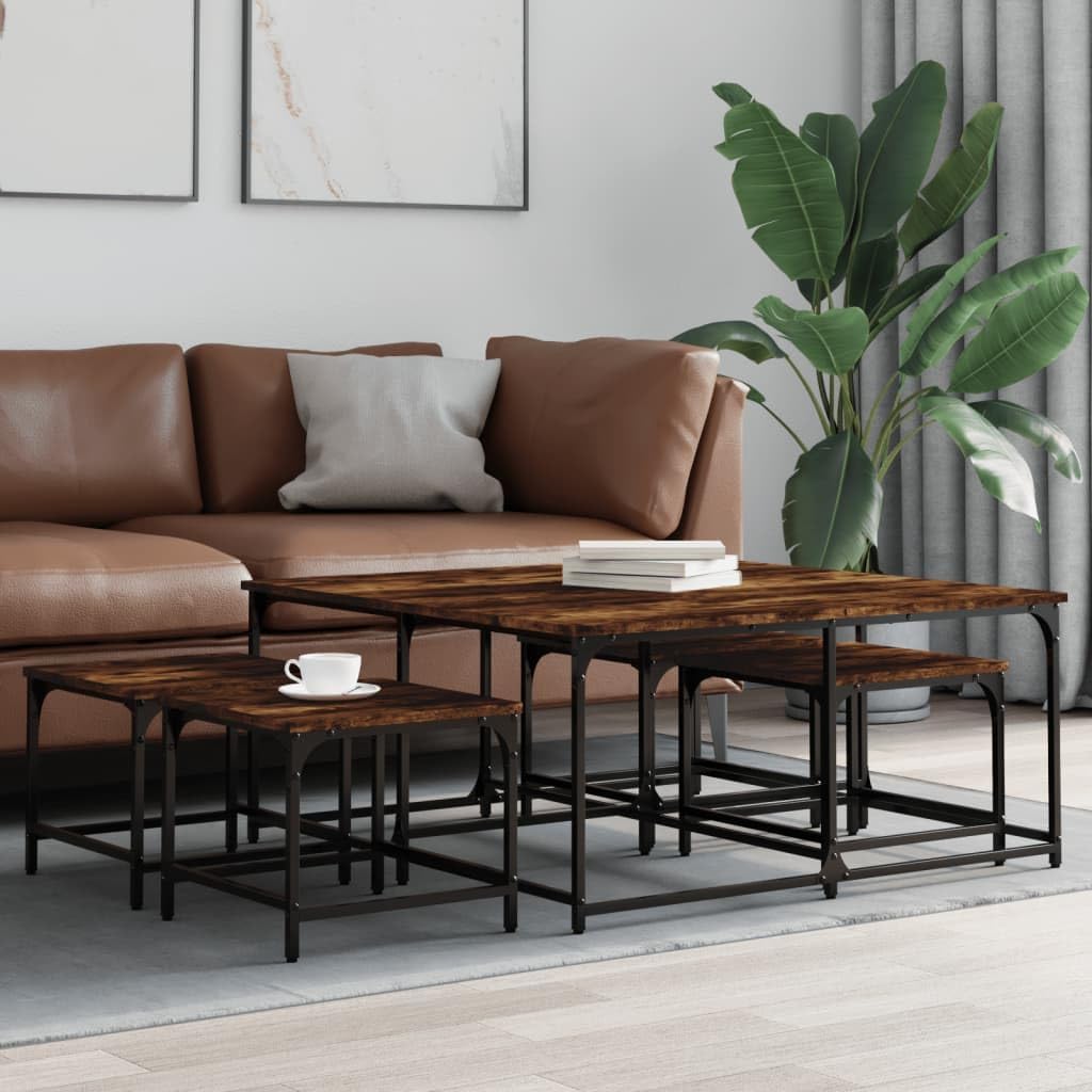 5-Piece Nesting Coffee Table Set, Smoked Oak Engineered Wood, Industrial Design, Space Saving Living Room Tables, Versatile Center Table for Small Apartments, Bedroom, Office Use