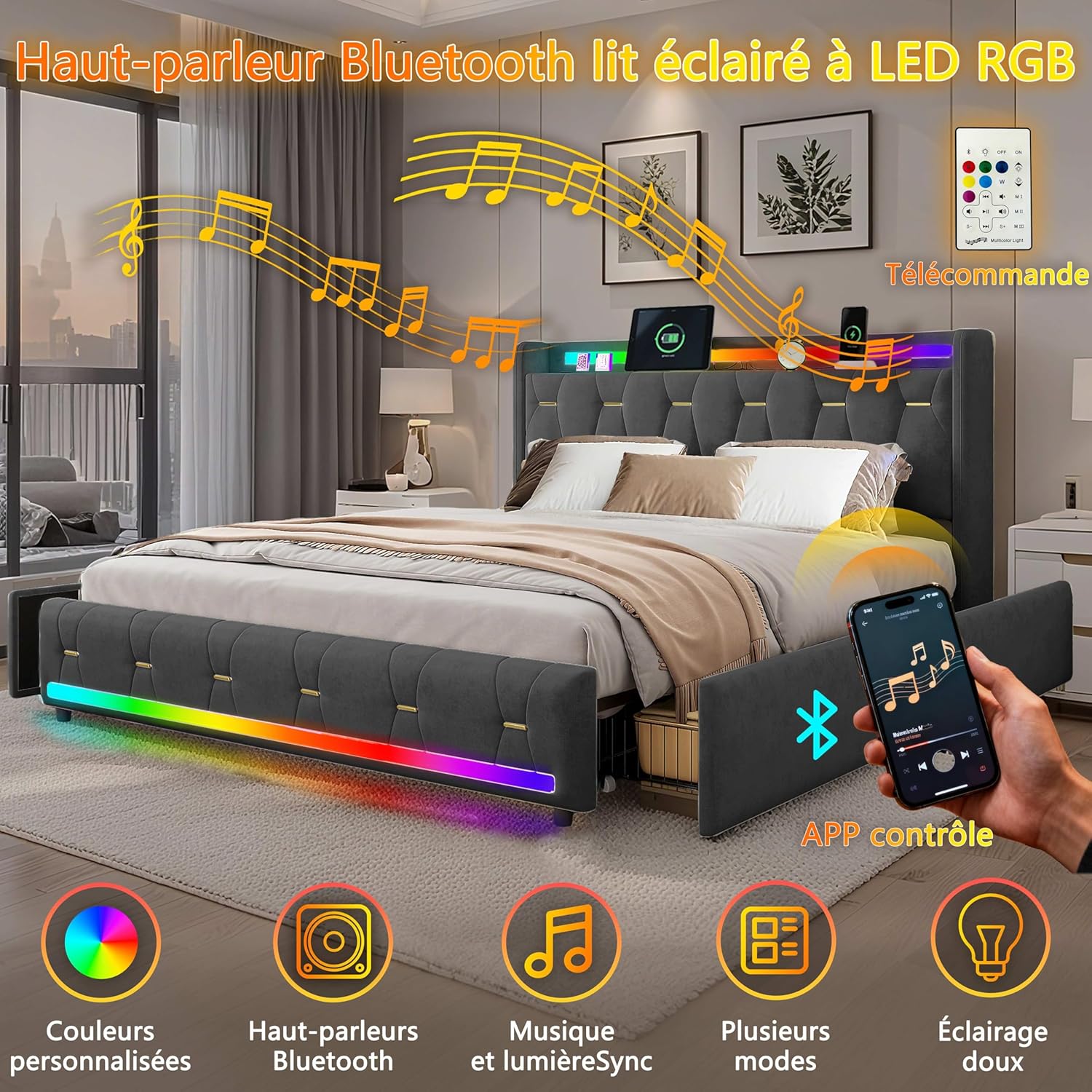 160x200cm Samt Polsterbett mit 4 Staufächern, Bluetooth-Lautsprecher, LED-Beleuchtung & USB/Type-C-Anschlüssen, Plattformbettgestell mit 4 Schubladen und Holzlatten, Grau