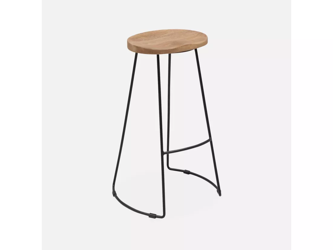 Lot de 4 tabourets de bar bois de manguier naturel et acier. avec repose pieds. 75cm