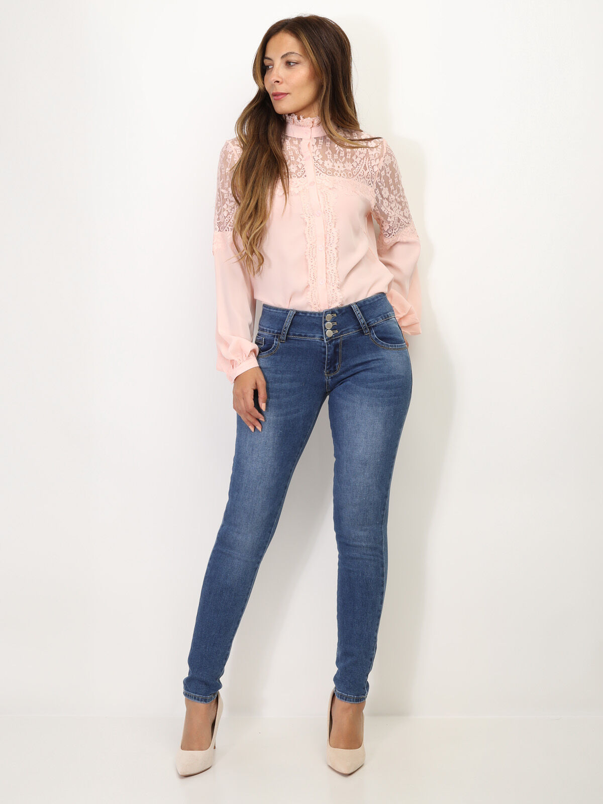 Jeans skinny avec un noeud à l'arrière- Bleu