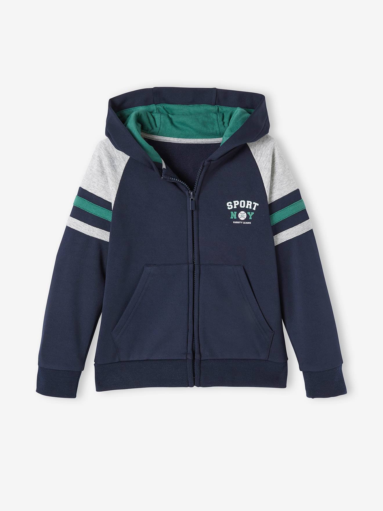 Moletom infantil azul escuro liso com zíper e estampa.