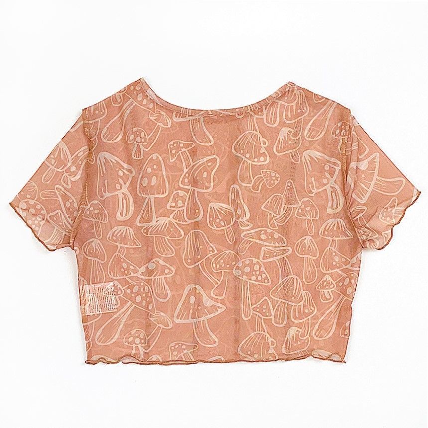 Pandaramma - Crop top met korte mouwen, mesh, ruches en paddenstoelenprint