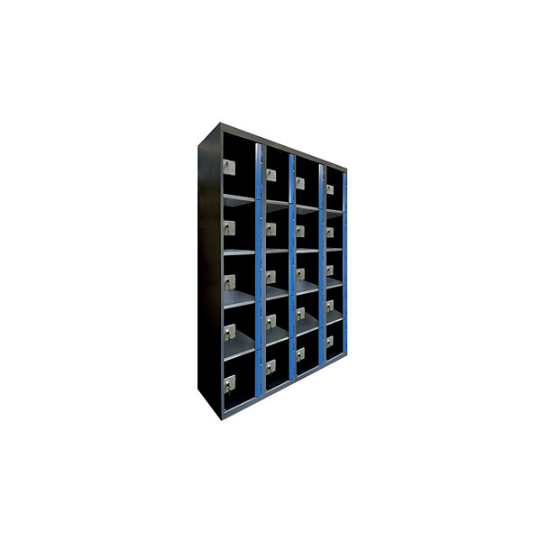Casiers consigne à monnayeur , portes transparentes , 4 colonnes de 5 cases larg. 300 mm, anthracite/ bleu