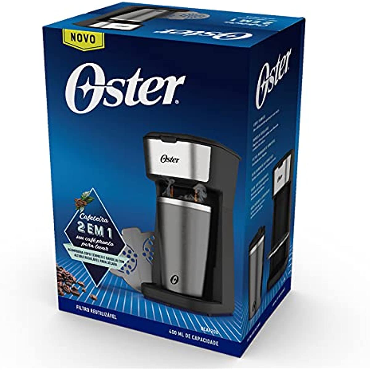 Cafeteira Oster 2Day Inox 2 em 1 com Copo T&eacute;rmico, 110V, Preto/Inox, 600W, OCAF200