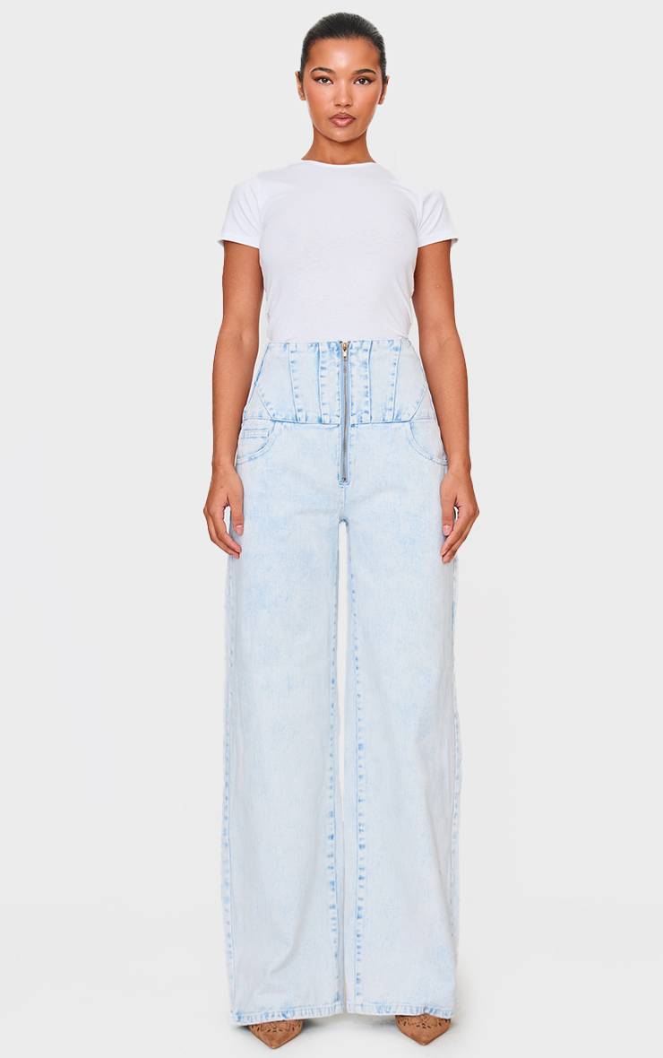 Light Blue Acid Wash Jean Taille Corset Détails De Coutures Délavage Acide