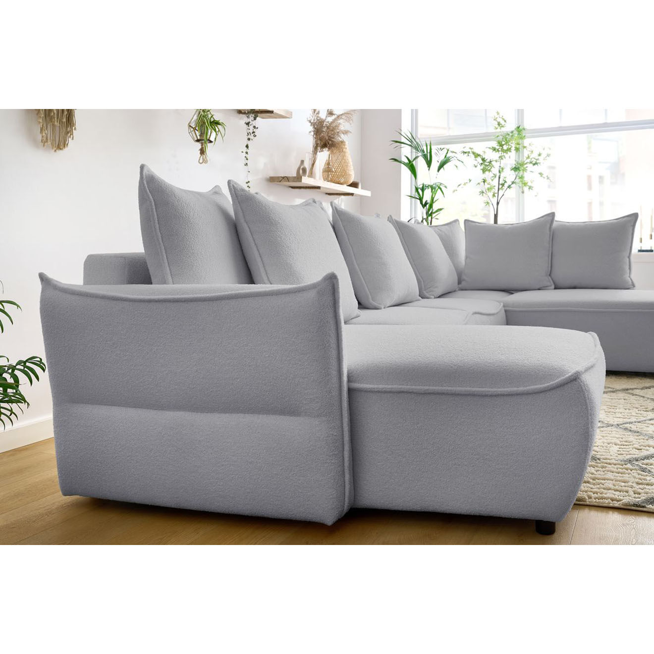 Bobochic Canapé panoramique convertible coffre d'angle gauche bouclette léon gris clair - 320x194x90 cm