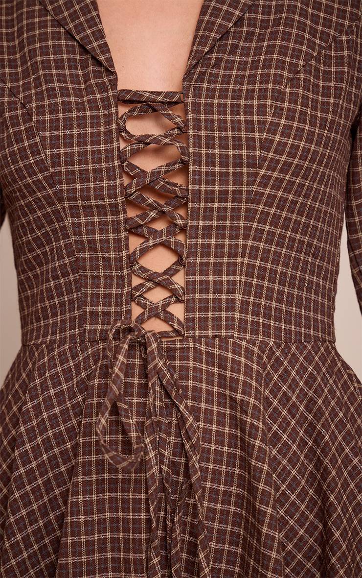 Marron Robe Droite À Carreaux À Manches Longues Avec Laçage