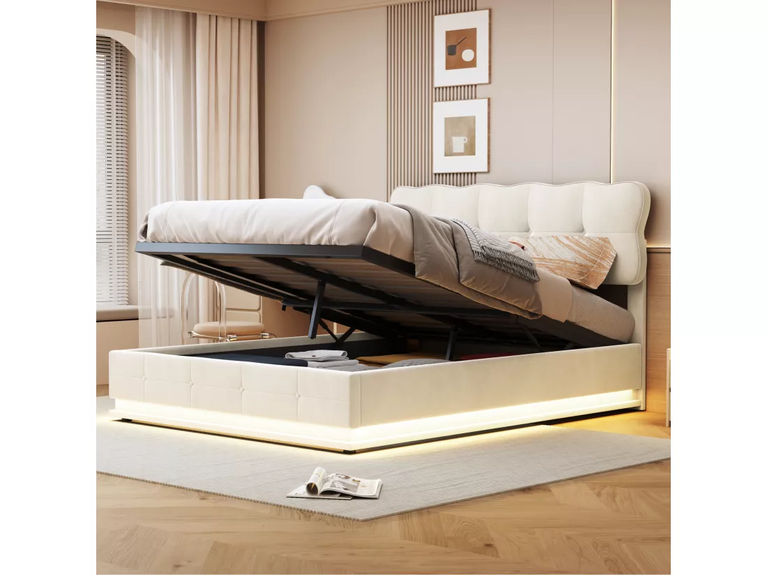 Lit coffre 160x200cm avec rangements, tissu velours, cadre de lit avec tête de lit, éclairage LED, sommier à lattes, lit hydraulique multifonction, lit adulte style moderne, Beige