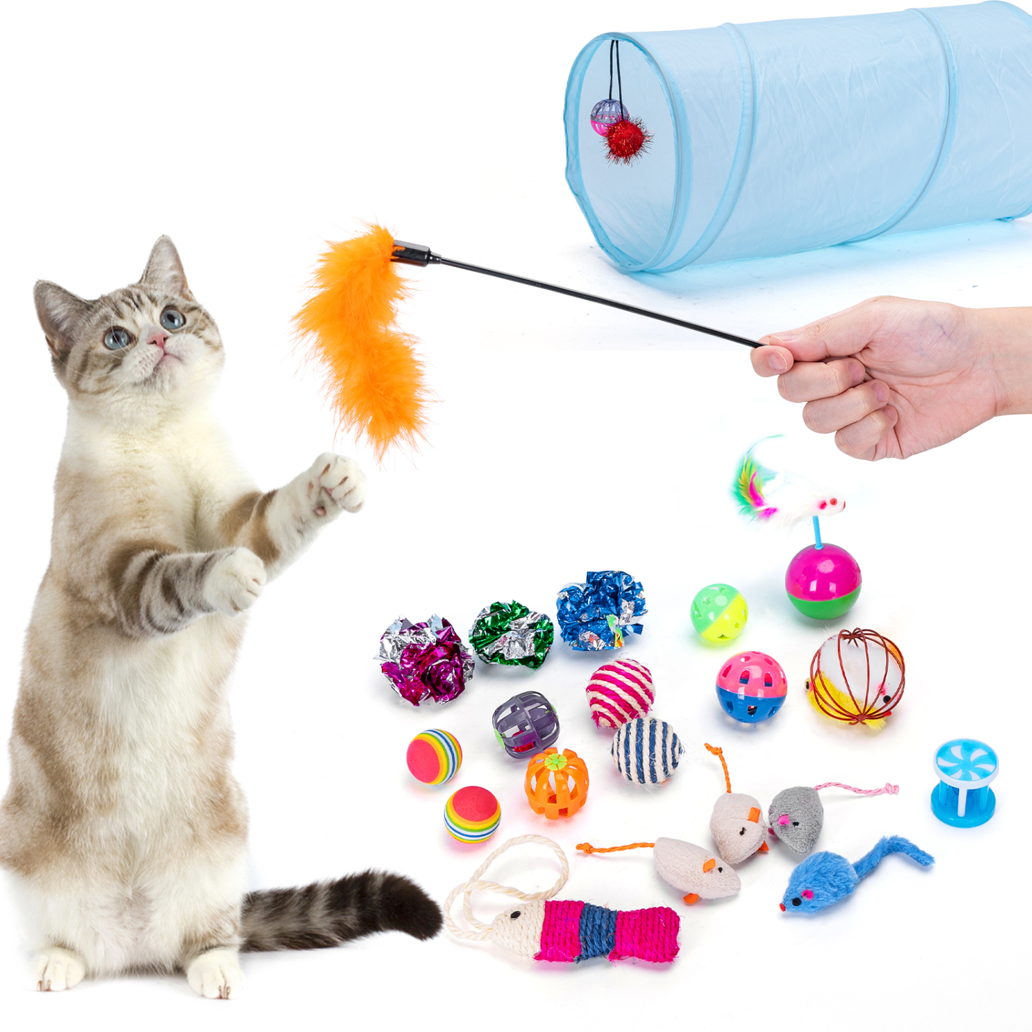 Nobleza - Pacote de Brinquedos para Gatos, Incluindo Túnel, Ratinhos, Diversas Bolas, Sinos, Molas e Catnip, 24 Peças