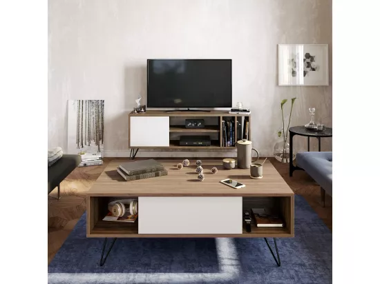 Table Basse Mistico avec le pieds en métal et armoire (Blanc & Noyer)