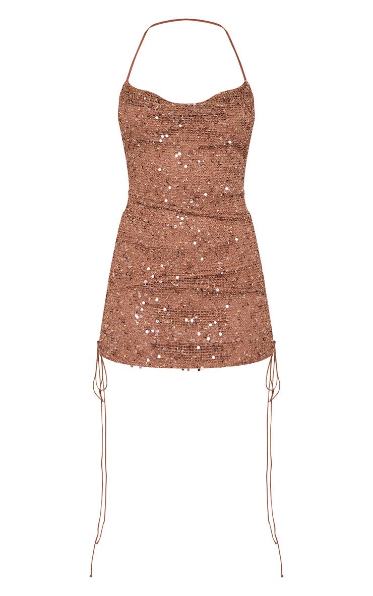 Taupe Robe Mini À Sequins Avec Col Licou Et Laçage