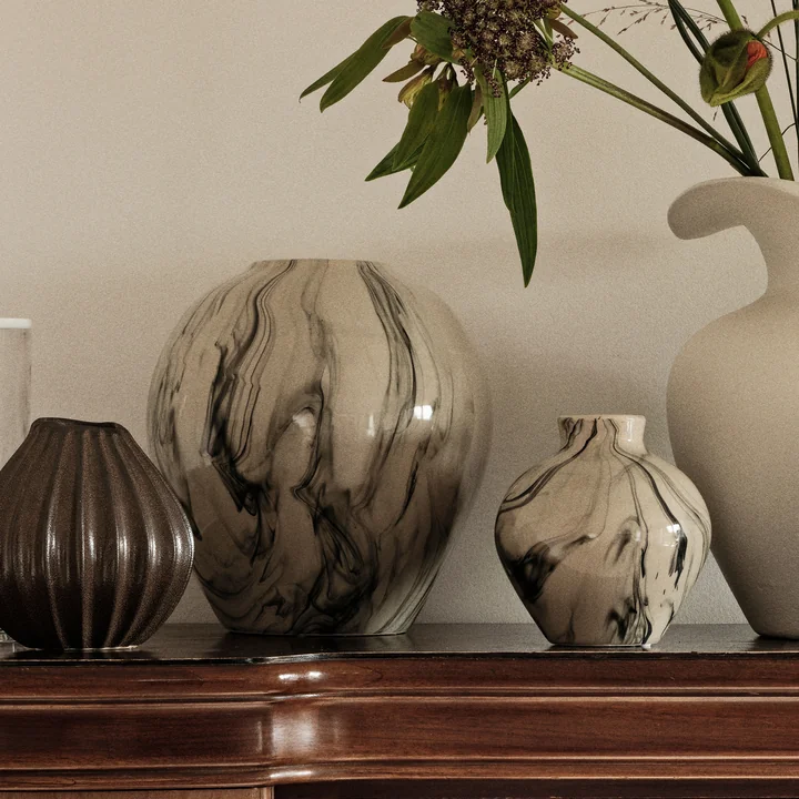 Broste Copenhagen - Ingrid Vase, Ø 14 cm x H 14.5 cm, beige / schwarz (3er-Set)