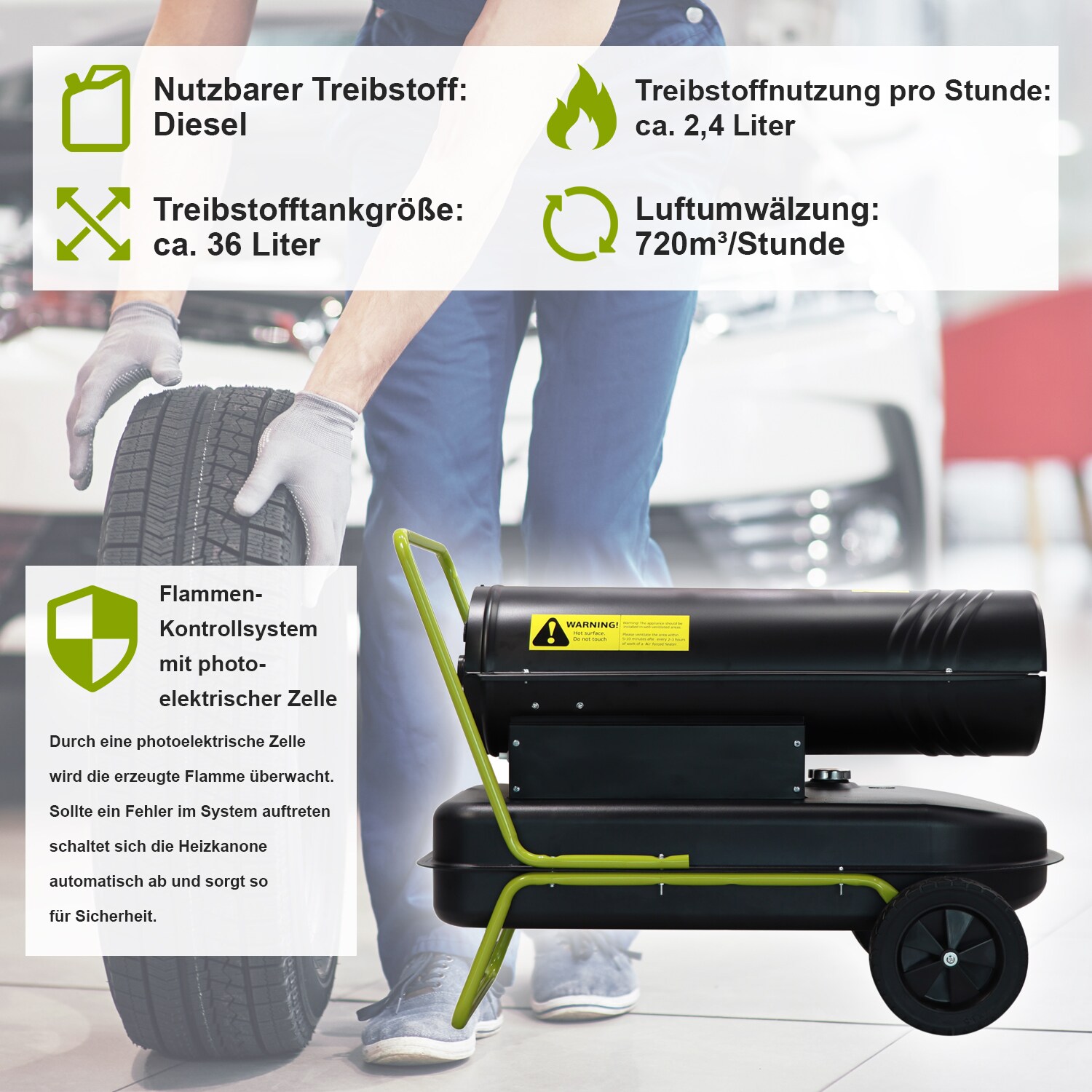 TroniTechnik® Heizkanone Dieselheizgebläse Dieselheizer 30kW Diesel Heißluftgenerator 230V, Heizleistung 30 kW, 36l Tank