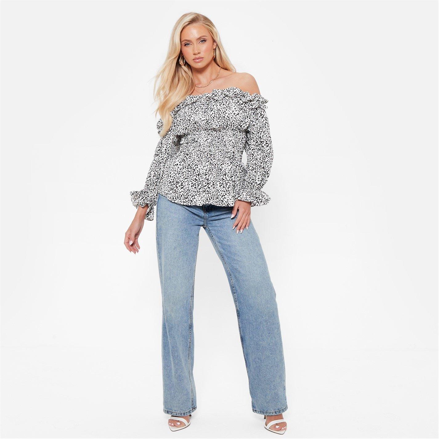 I Saw It First ISAWITFIRST Printed Ruffle Bardot Peplum Top