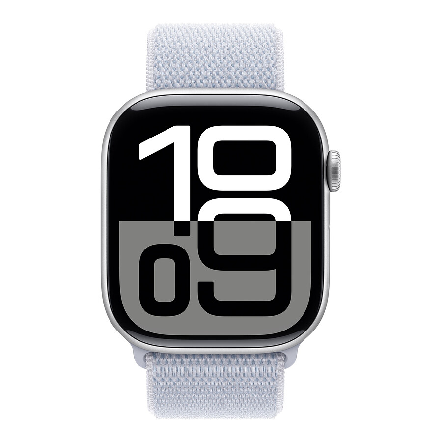Apple Watch Series 10 GPS + Cellular - Aluminium Argent - Bracelet Sport Textile Nuée Bleue - 46 mm