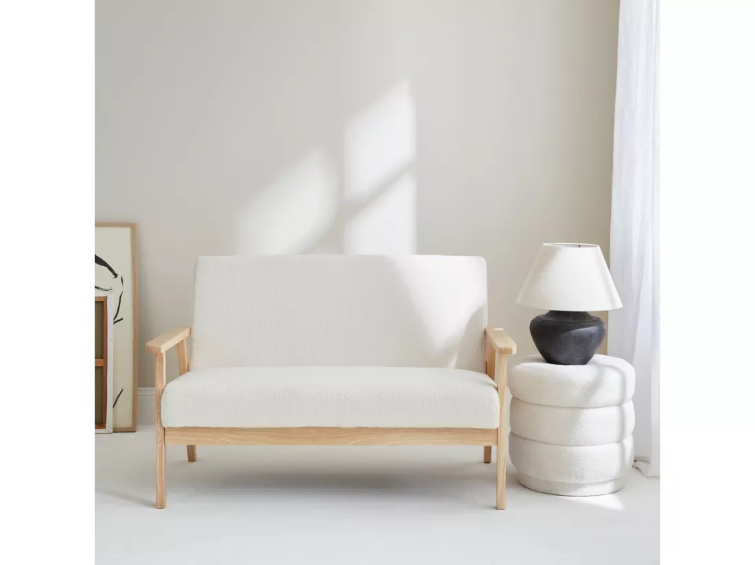 Banquette canapé en bois et tissu bouclette. Isak. L 114 x P 69.5 x H 73cm
