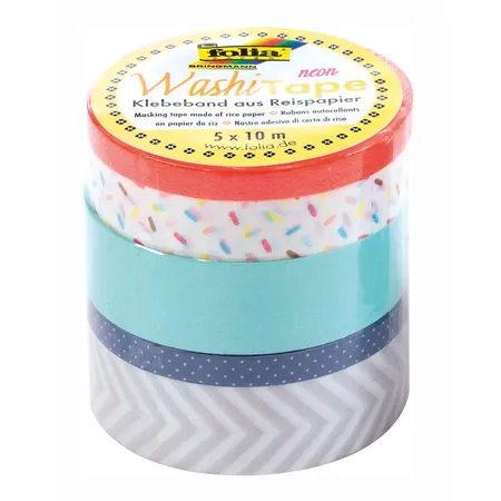 Folia Washi Tape, Neon orange, Klebeband aus Reispapier, 5er Set- ideal zum Verzieren und Dekorieren