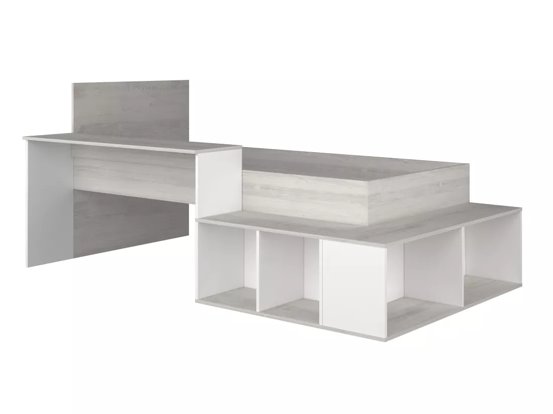 Lit combiné 90 x 200 cm avec rangements et bureau - Coloris : Naturel et blanc + Sommier + Matelas - RIGALI