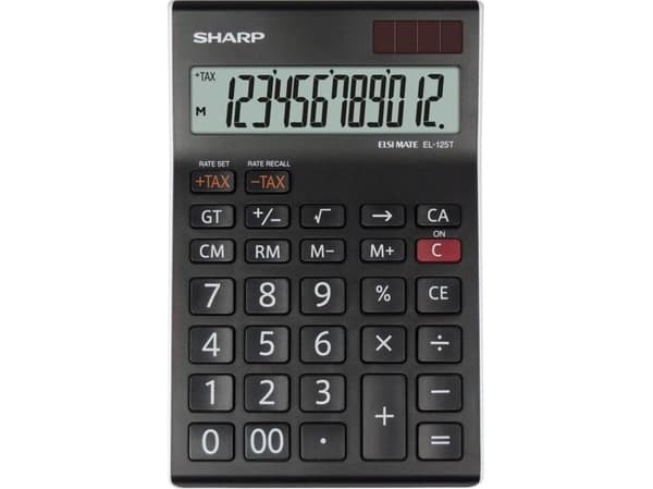 Sharp EL-125T Bordlommeregner Sort Display (indstil): 12 solcelle-drift, Batteridrevet (B x H x T) 112 x 13 x 176 mm