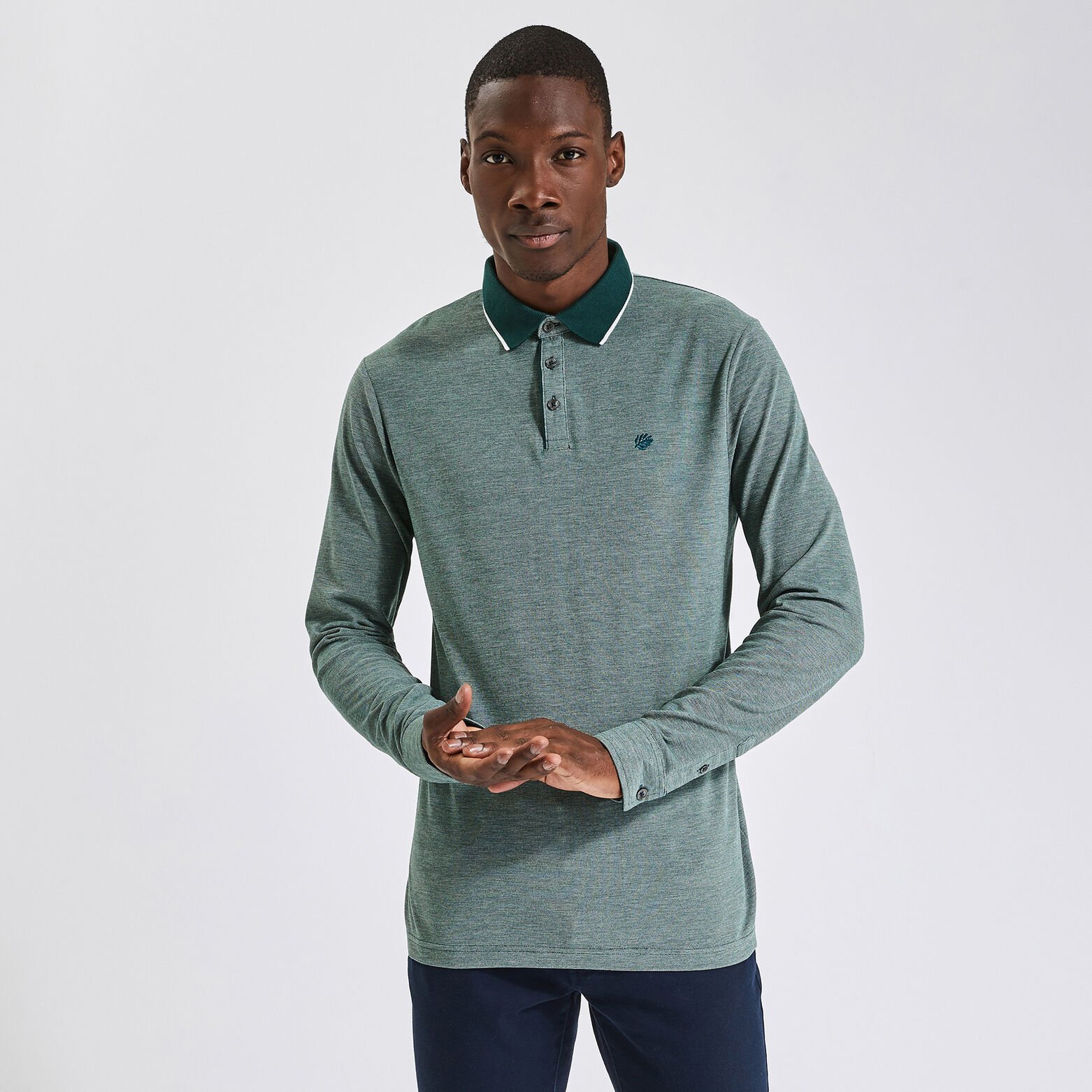 Polo manches longues piqué à col contrasté Vert