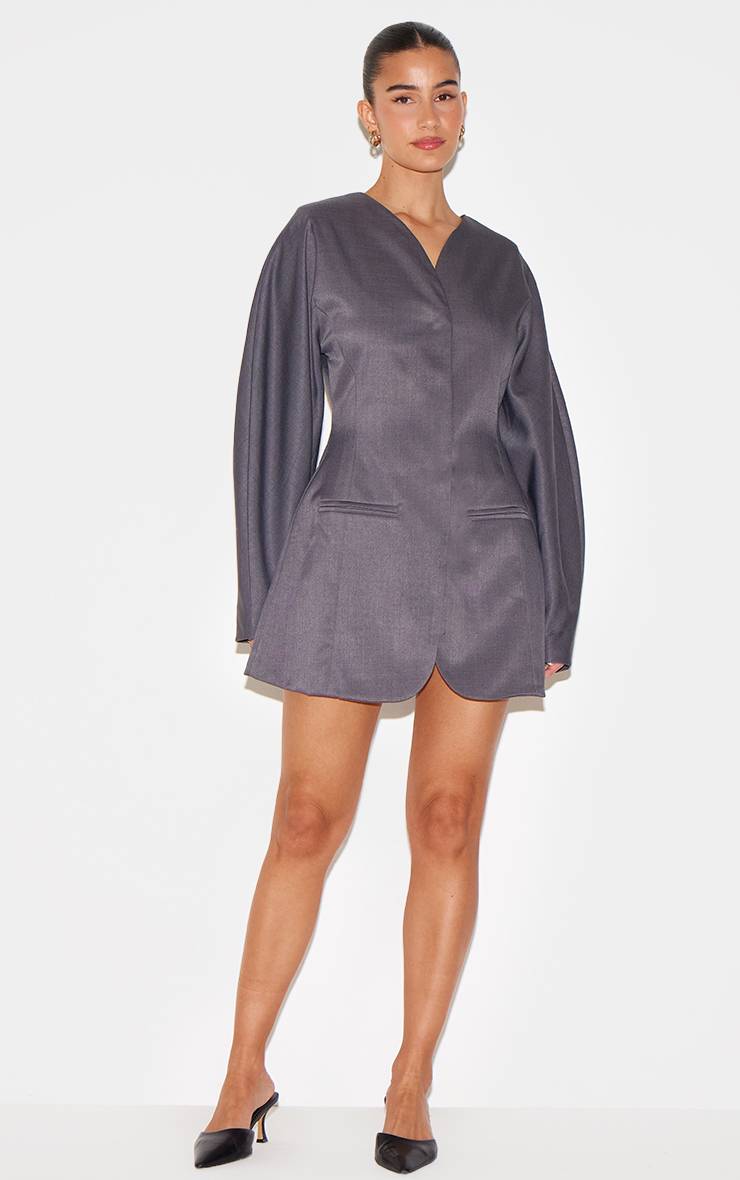 Charbon Robe Blazer Sans Col En Tissu Tissé À Manches Ballon
