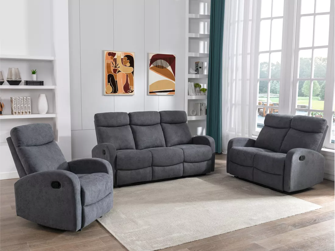 Canapés 3 places 2 places et un fauteuil relax en tissu gris EVELYN