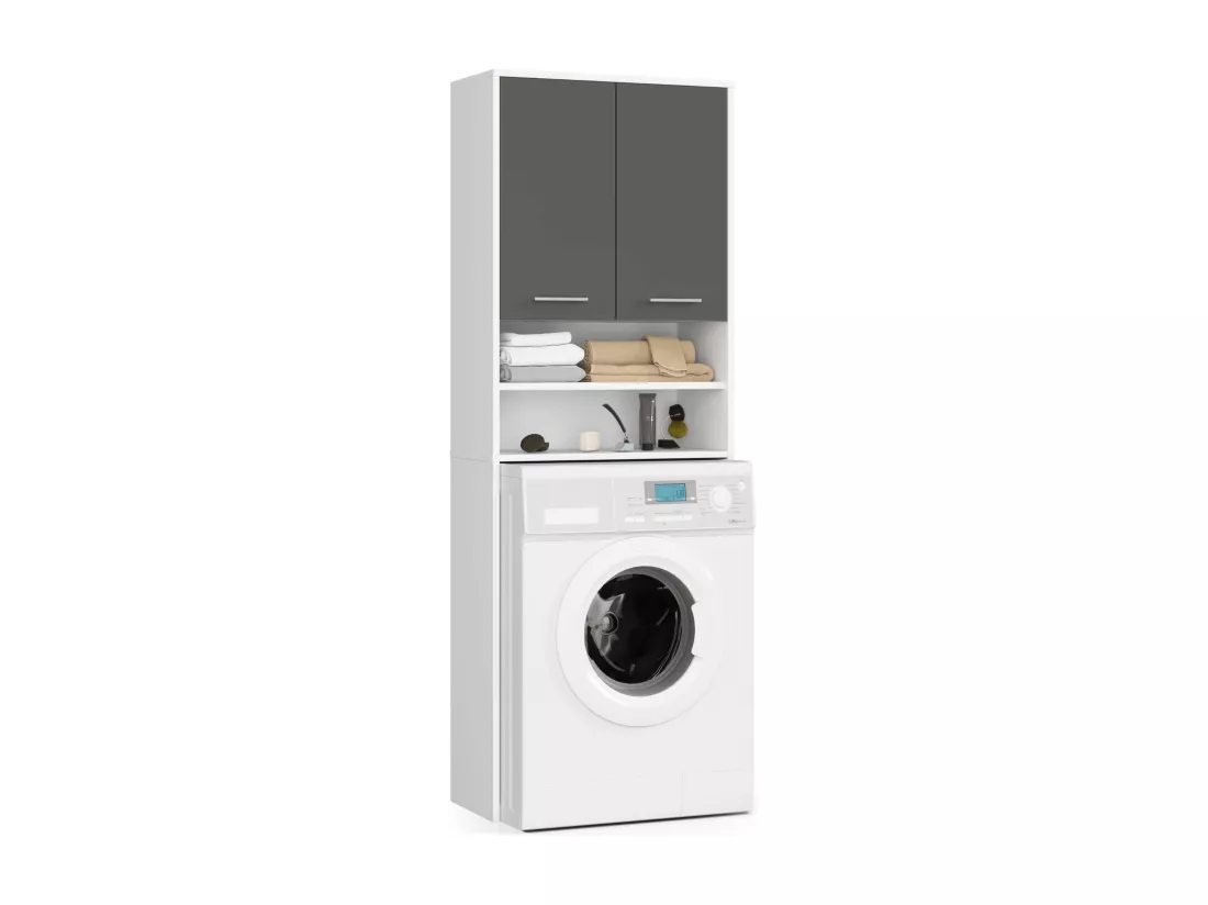 Meuble pour machine à laver FIN Blanche 64 cm 2 portes façade Gris Graphite niche 4 étagères 64x30x180 cm